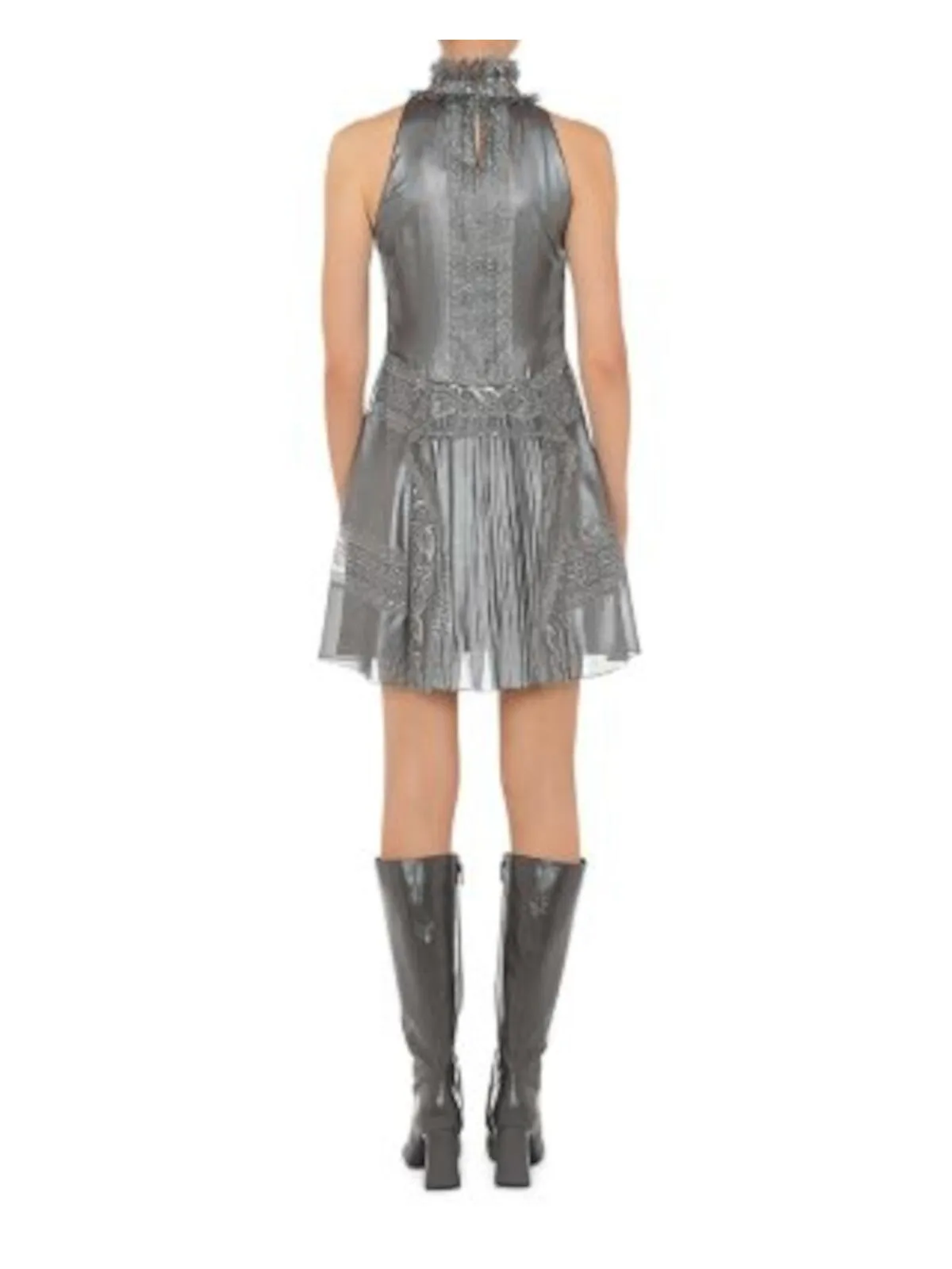 ALBERTA FERRETTI Womens Gray Zippered Pleated Keyhole Back Sleeveless Mock Neck Above The Knee Cocktail Fit + Flare Dress