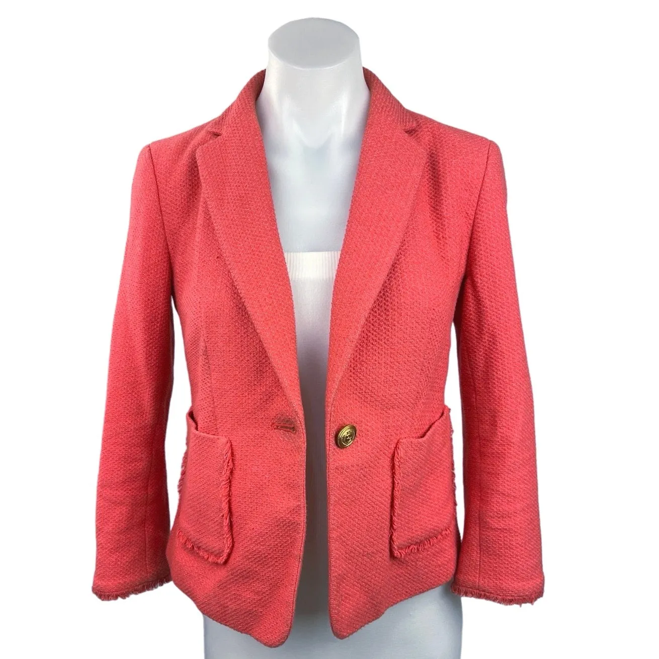 Ann Taylor Pink Tweed Fringe One Button Pockets Career Blazer Jacket Coat Sz 2P