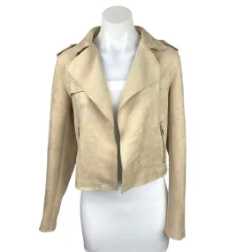 Anthropologie Beige Faux Suede Leather Open Front Collared Zip Pockets Long Sleeve Blazer Jacket Sz S