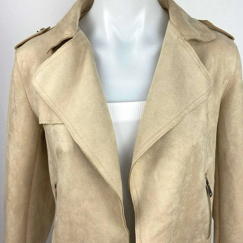 Anthropologie Beige Faux Suede Leather Open Front Collared Zip Pockets Long Sleeve Blazer Jacket Sz S