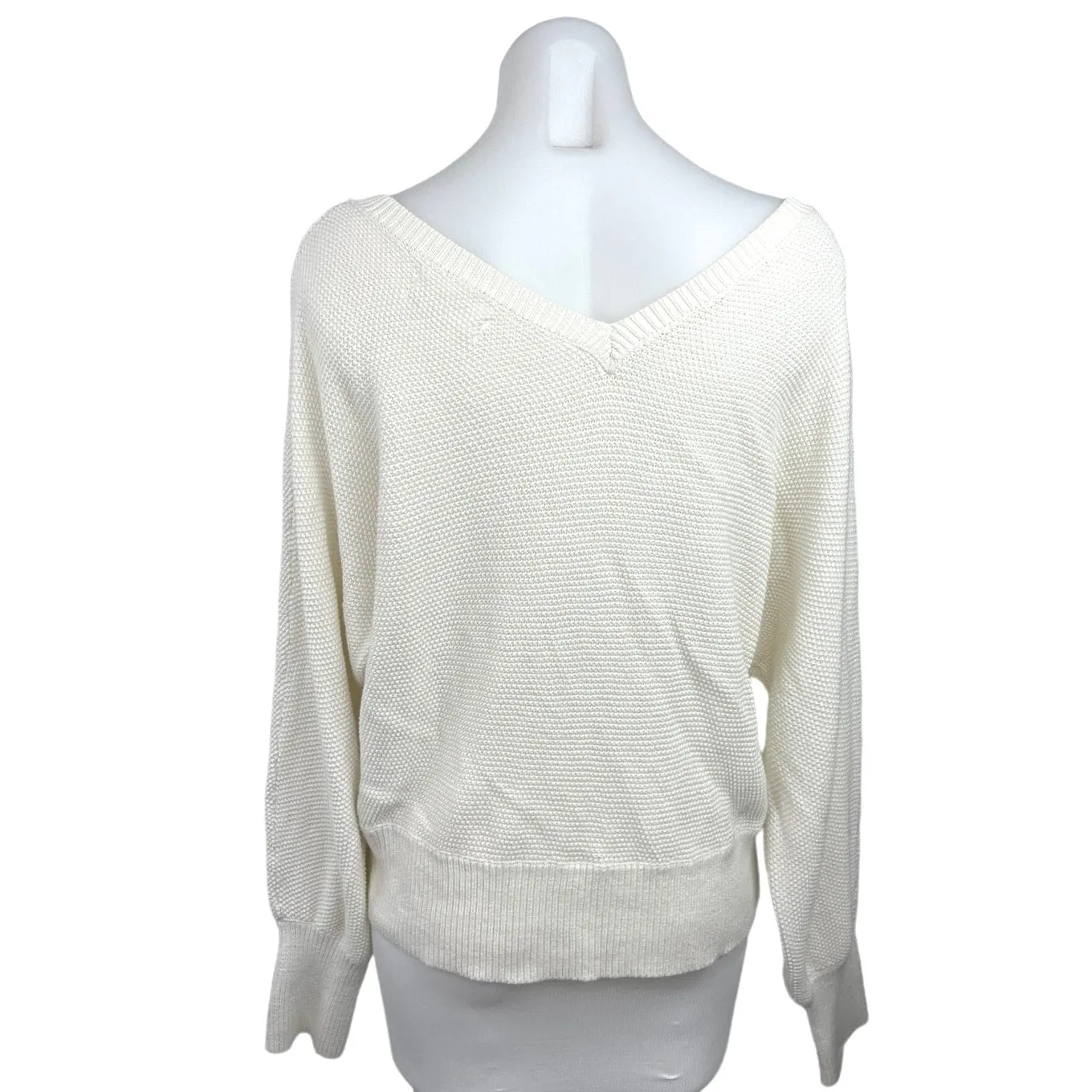 Anthropologie Cream Vneck Waffle Knit Cotton Oversized Pullover Sweater Top Sz M