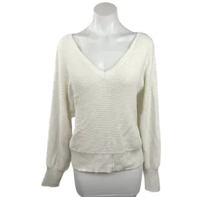 Anthropologie Cream Vneck Waffle Knit Cotton Oversized Pullover Sweater Top Sz M