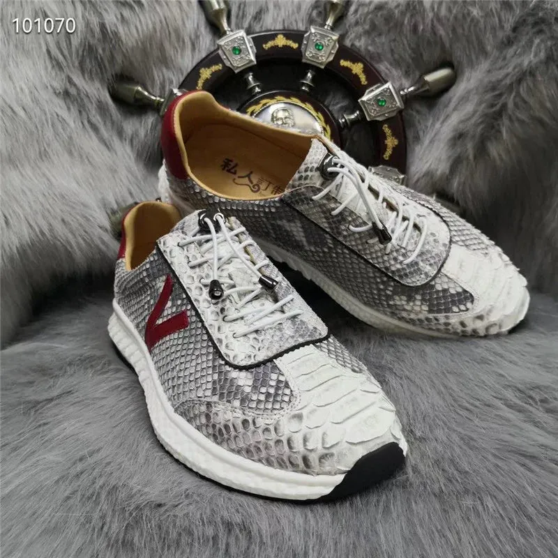 Autumn Snakeskin Sneakers for Men with Exotic Elastic Band for Walking