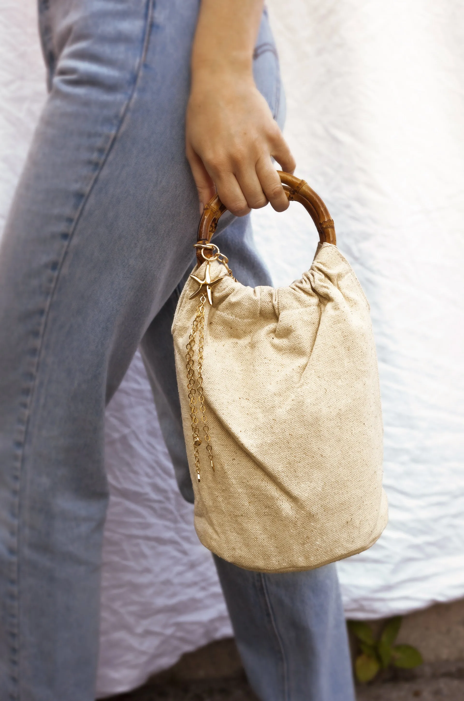 Beige Bucket Bag with Starfish & Shell Tassel