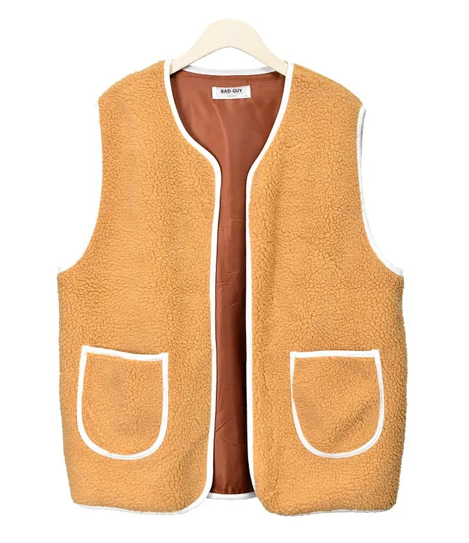 Beige Shearling Vests Men's Winter Outerwear Cozy Waistcoats Casual