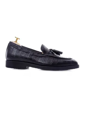 Black Croco Leather Tassel Loafer with Crepe Sole