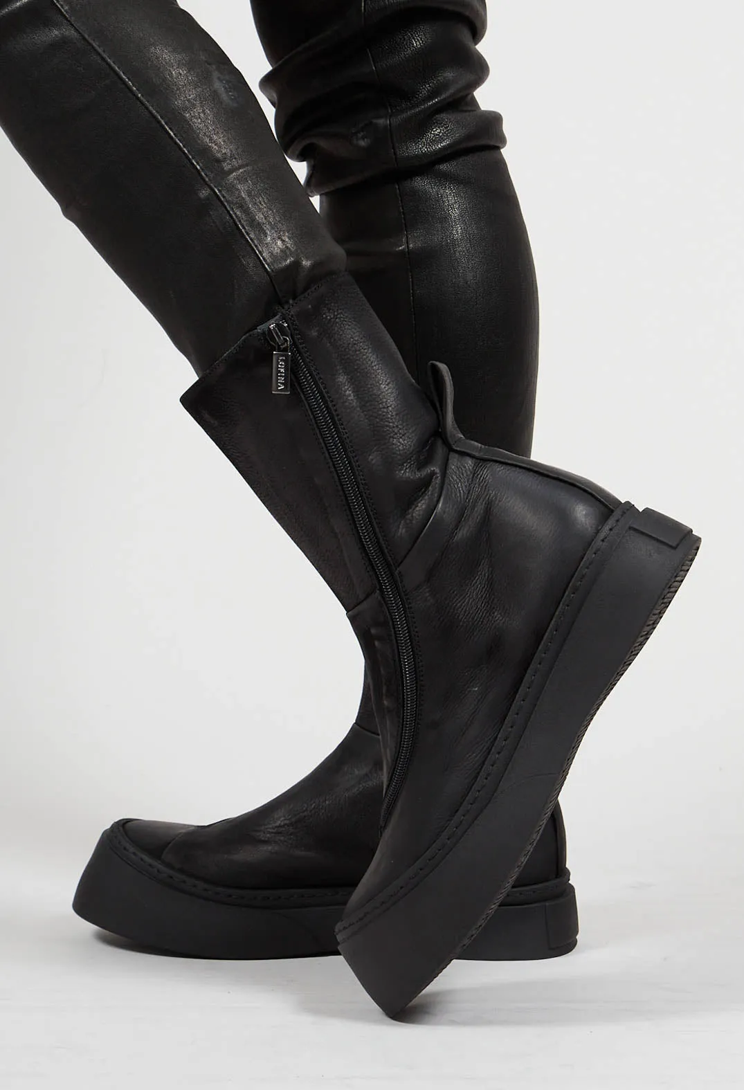 Black High Ankle Boots with Curved Zipper