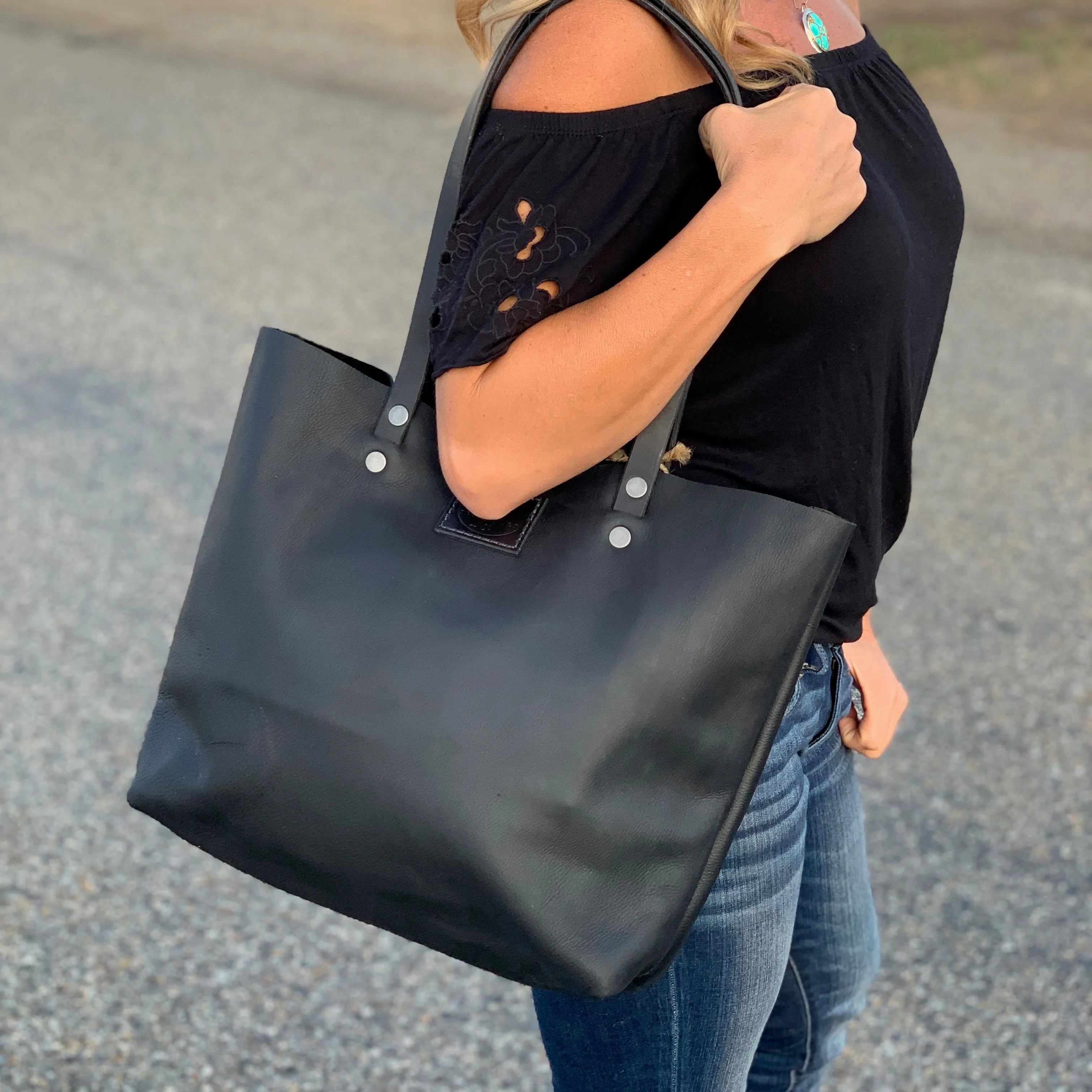 Black Leather Tote Purse Large