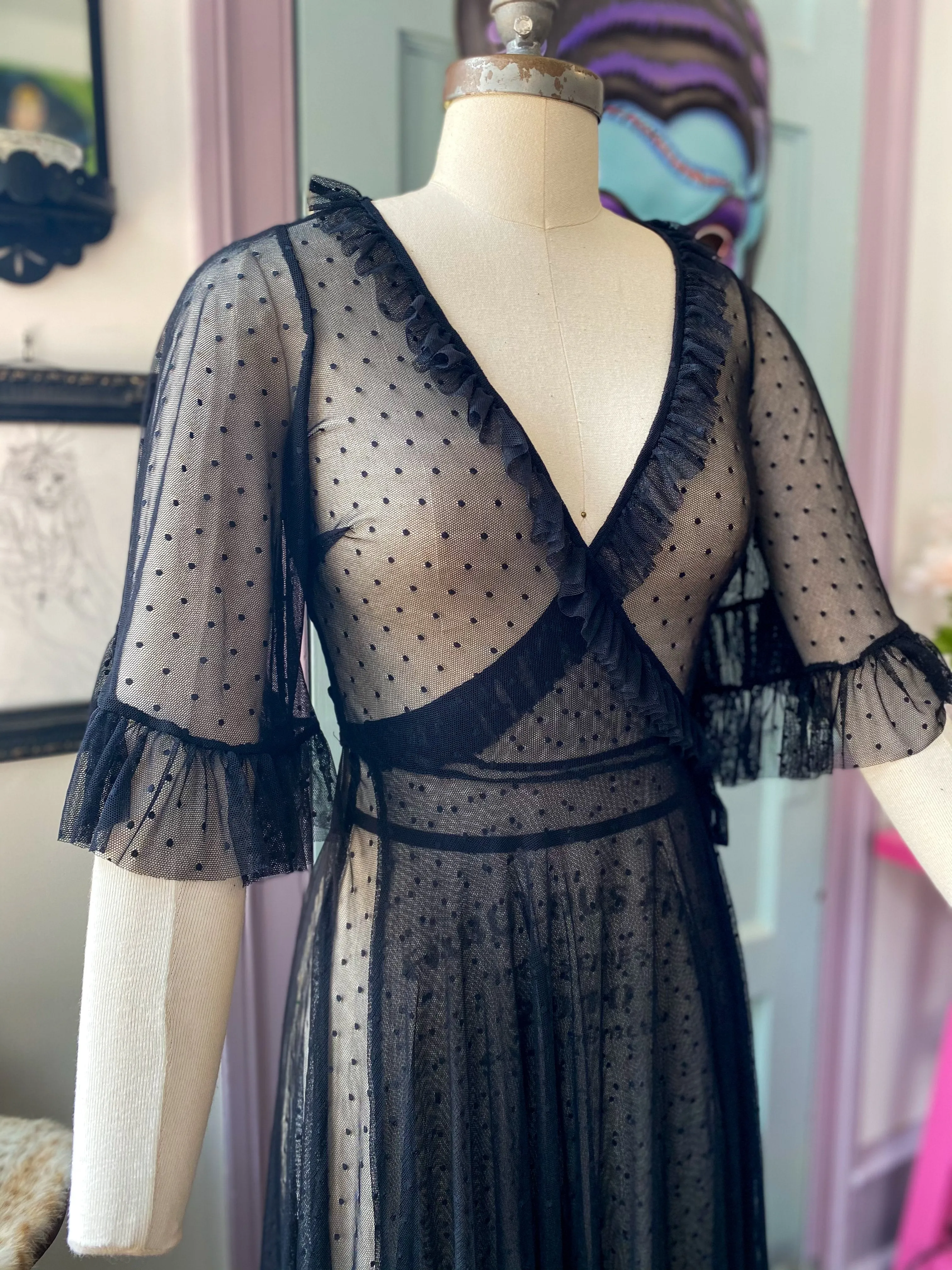 Black Mesh Dot Wrap Dress