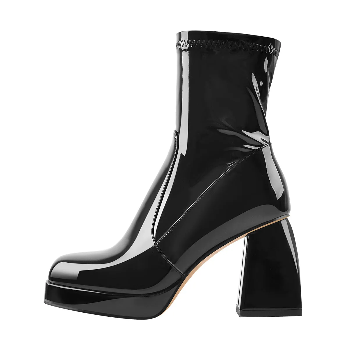 Black Patent Leather Chunky Heel Platform Ankle Boots