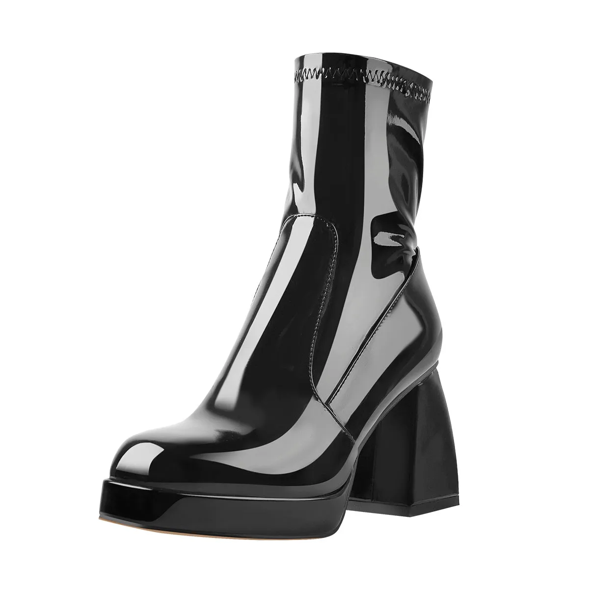 Black Patent Leather Chunky Heel Platform Ankle Boots