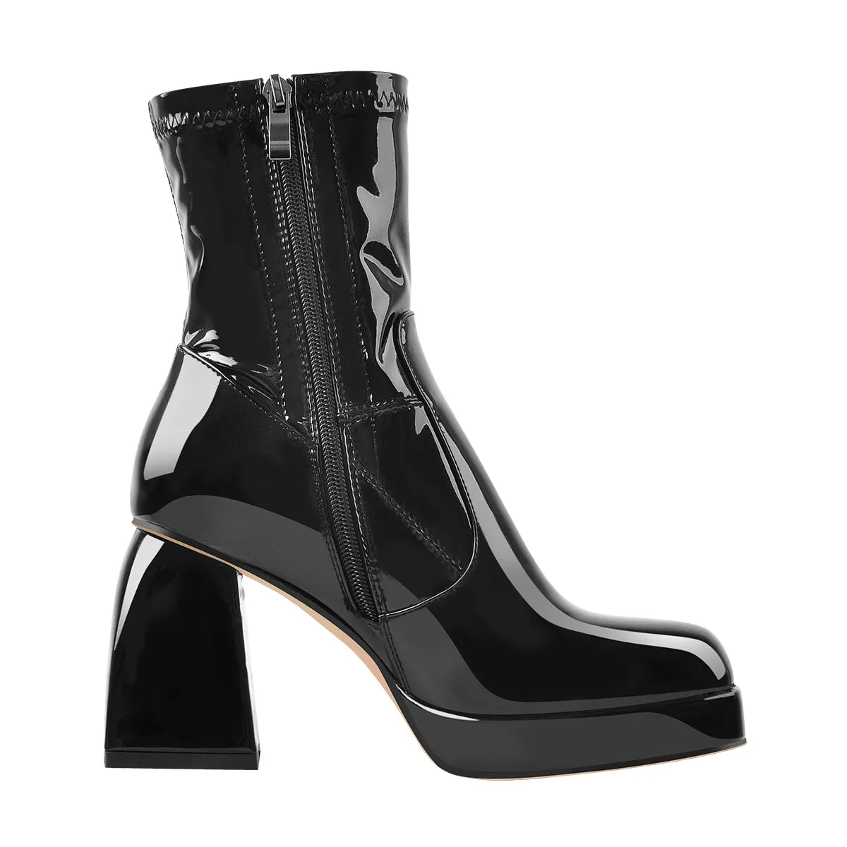 Black Patent Leather Chunky Heel Platform Ankle Boots