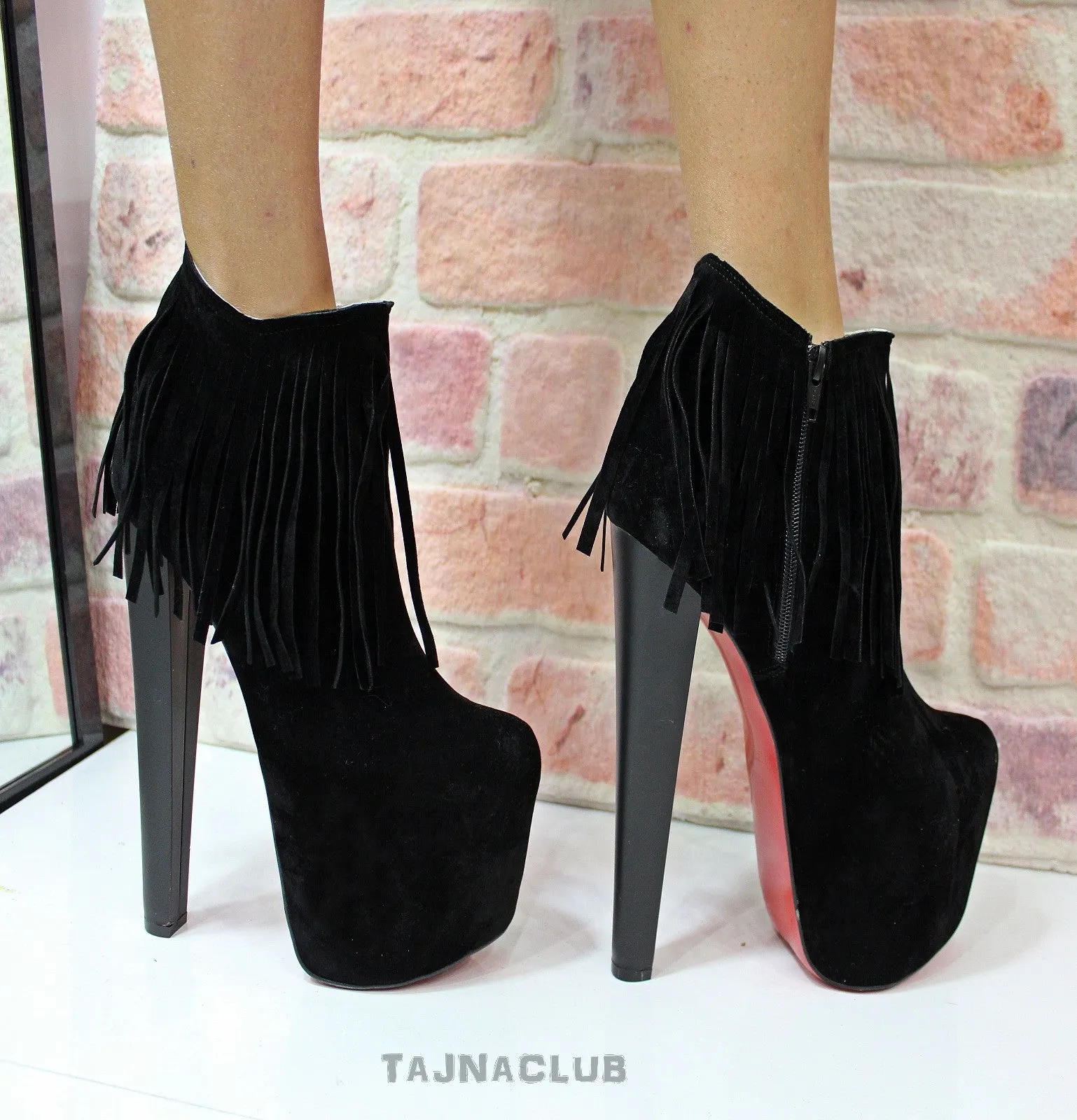 Black Suede Fringe Boots Platform High Heels