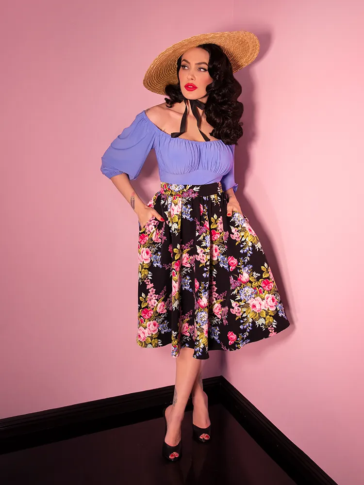 Black Vintage Floral Vacation Swing Skirt