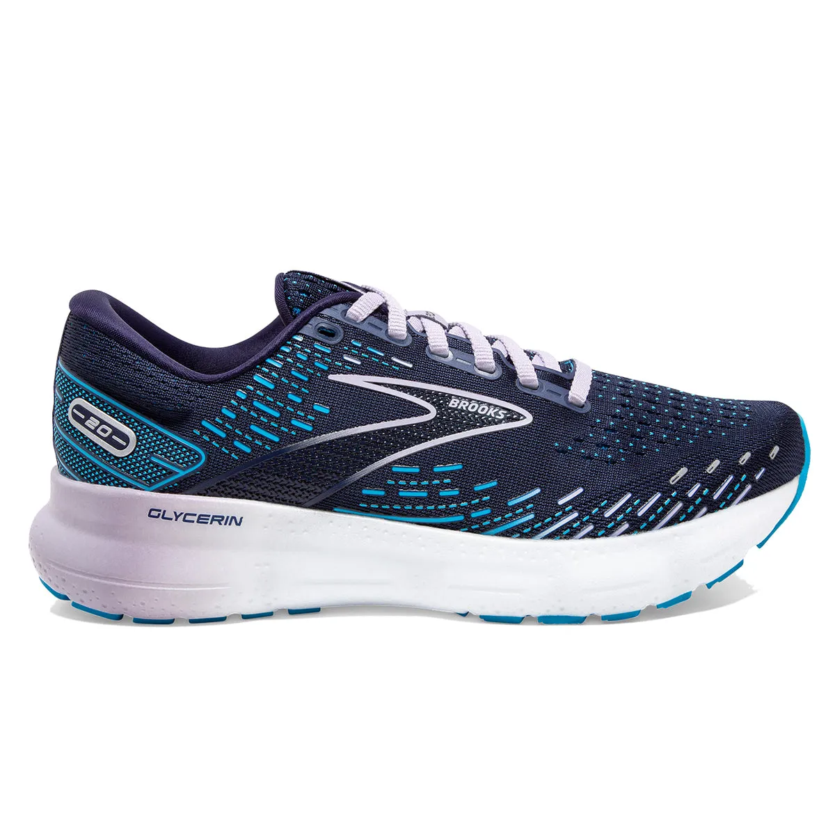 Brooks Glycerin 20 Women's Shoes in Peacoat, Ocean, and Pastel Lilac.