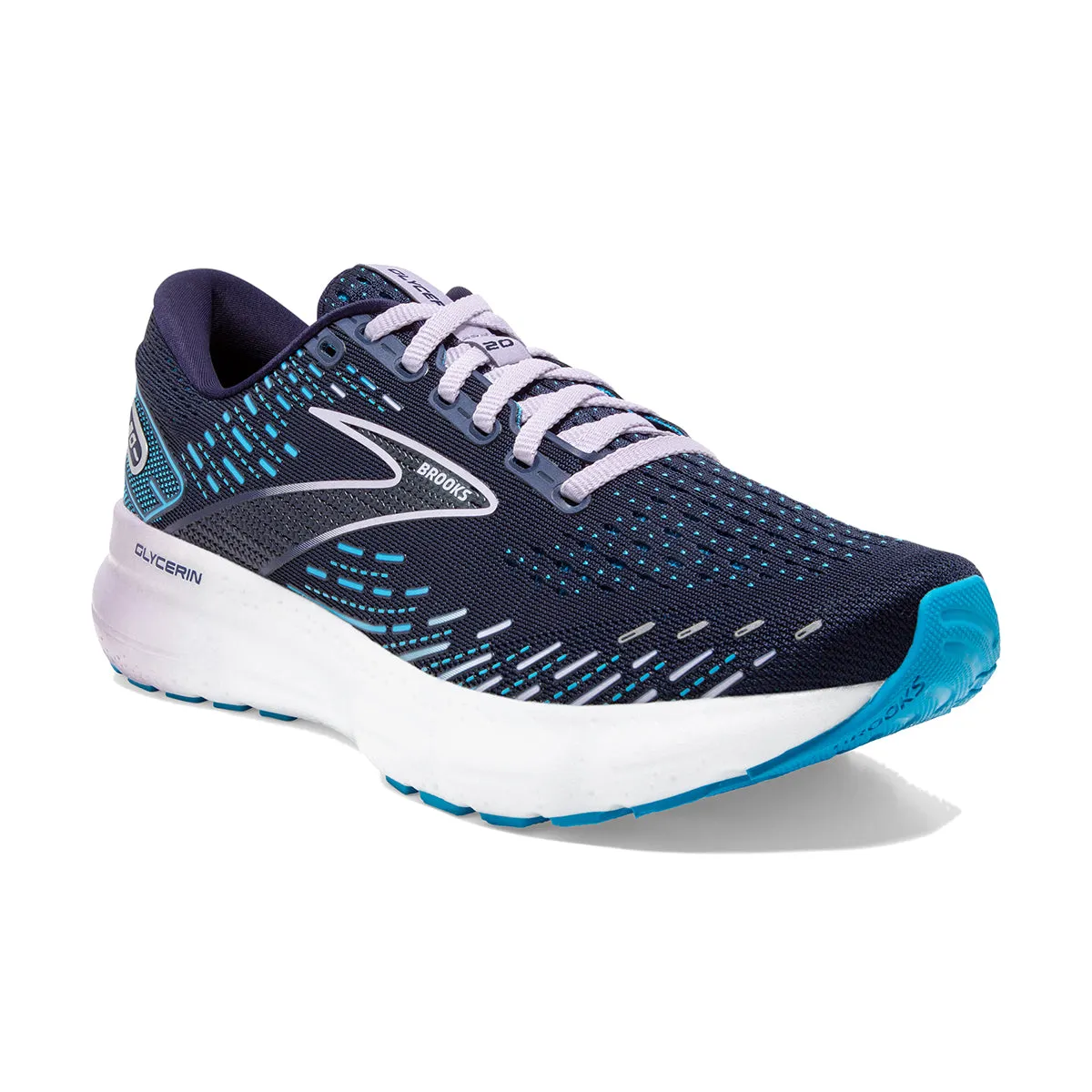 Brooks Glycerin 20 Women's Shoes in Peacoat, Ocean, and Pastel Lilac.