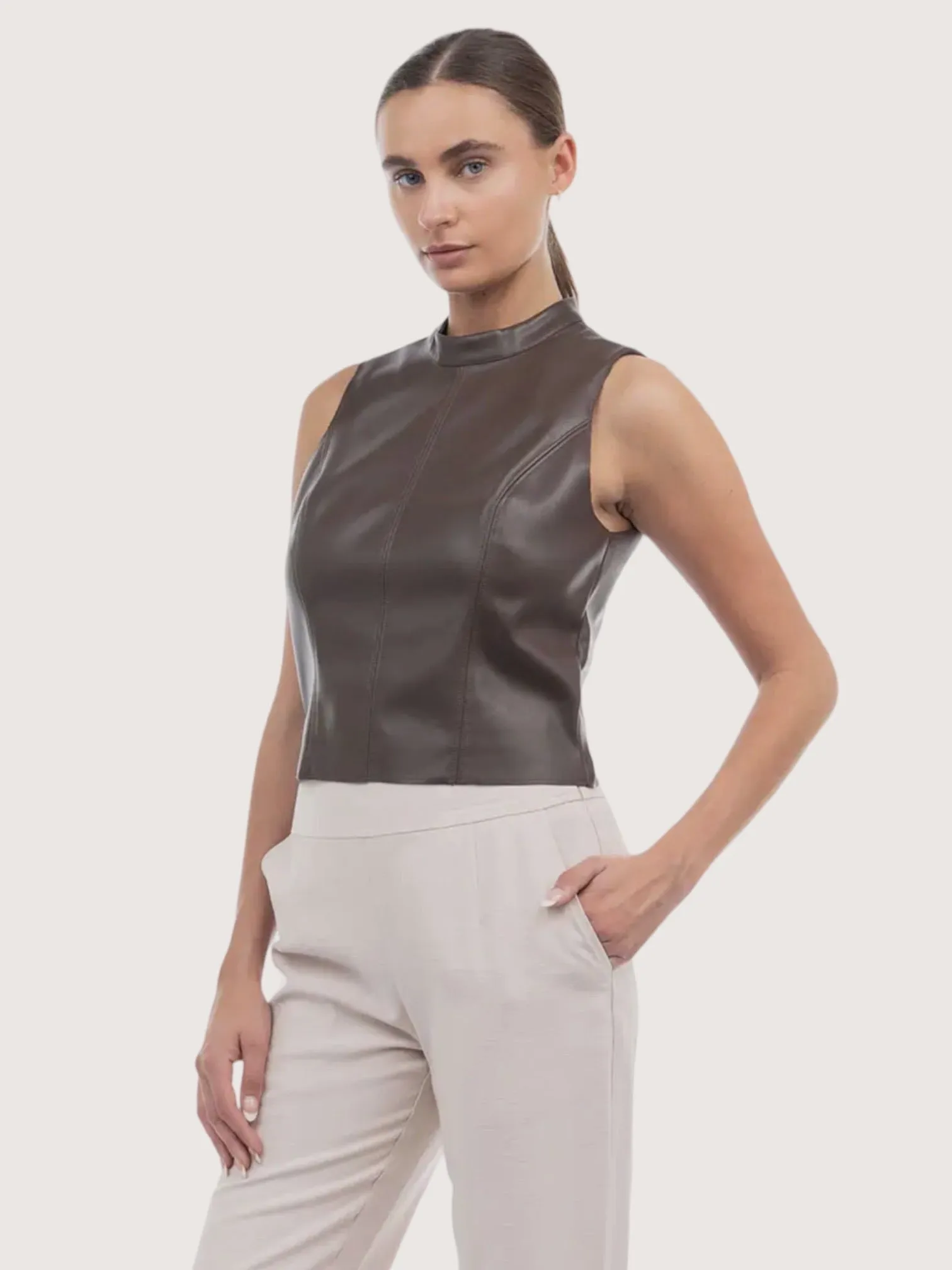 Chocolate Faux Leather Tank Top - Sleeveless, High Neck Design