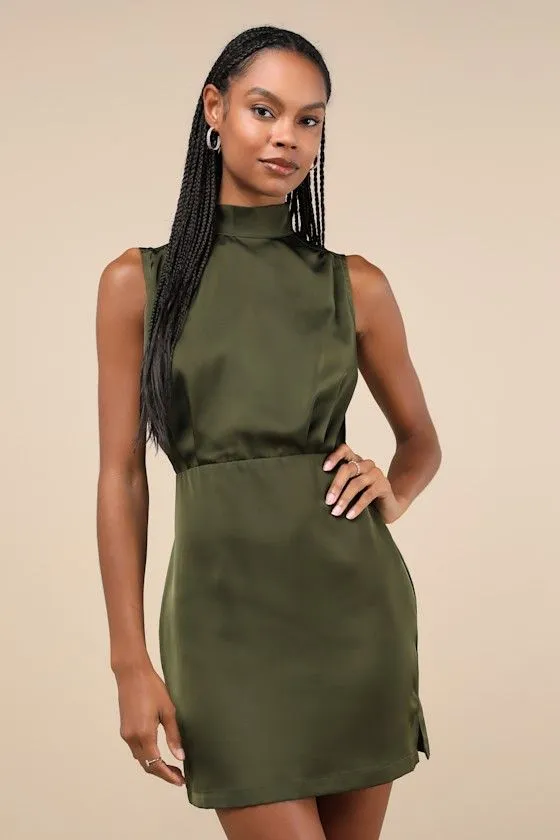 Classic Elegance Olive Satin Sleeveless Mock Neck Mini Dress