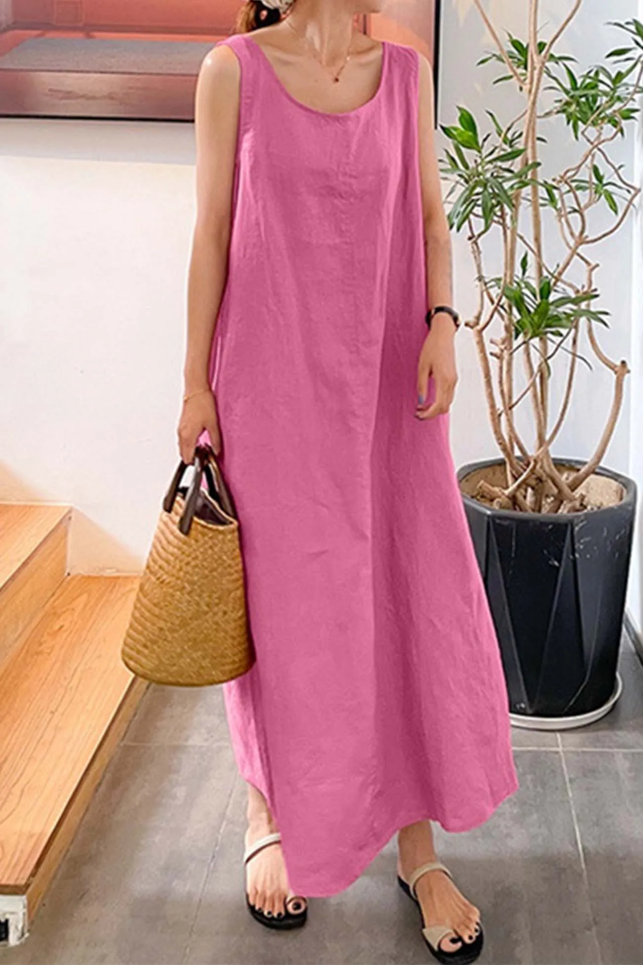 Cotton Round Neck Sleeveless Midi Dress