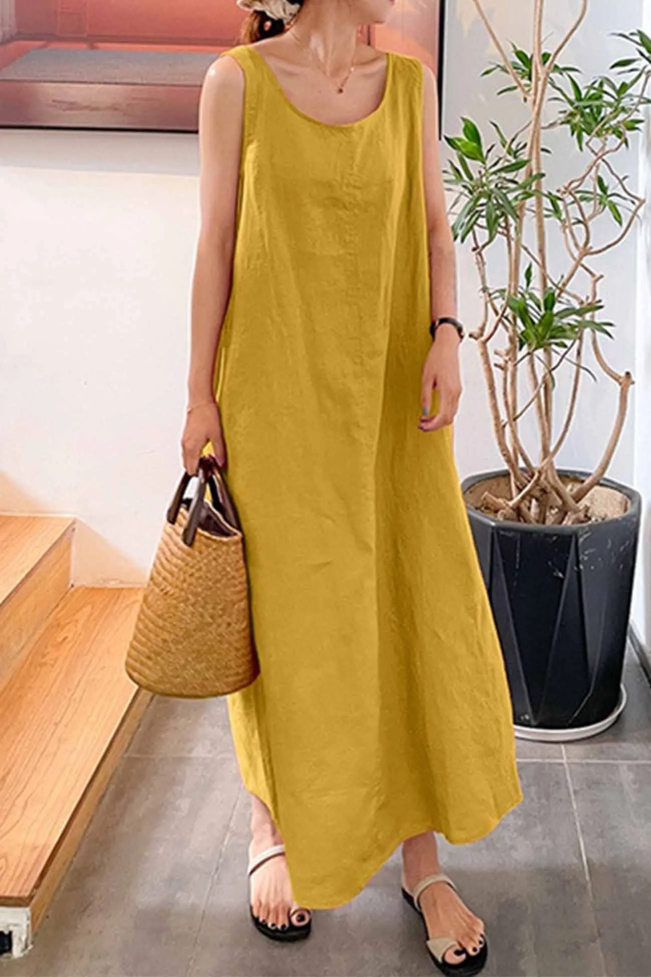 Cotton Round Neck Sleeveless Midi Dress