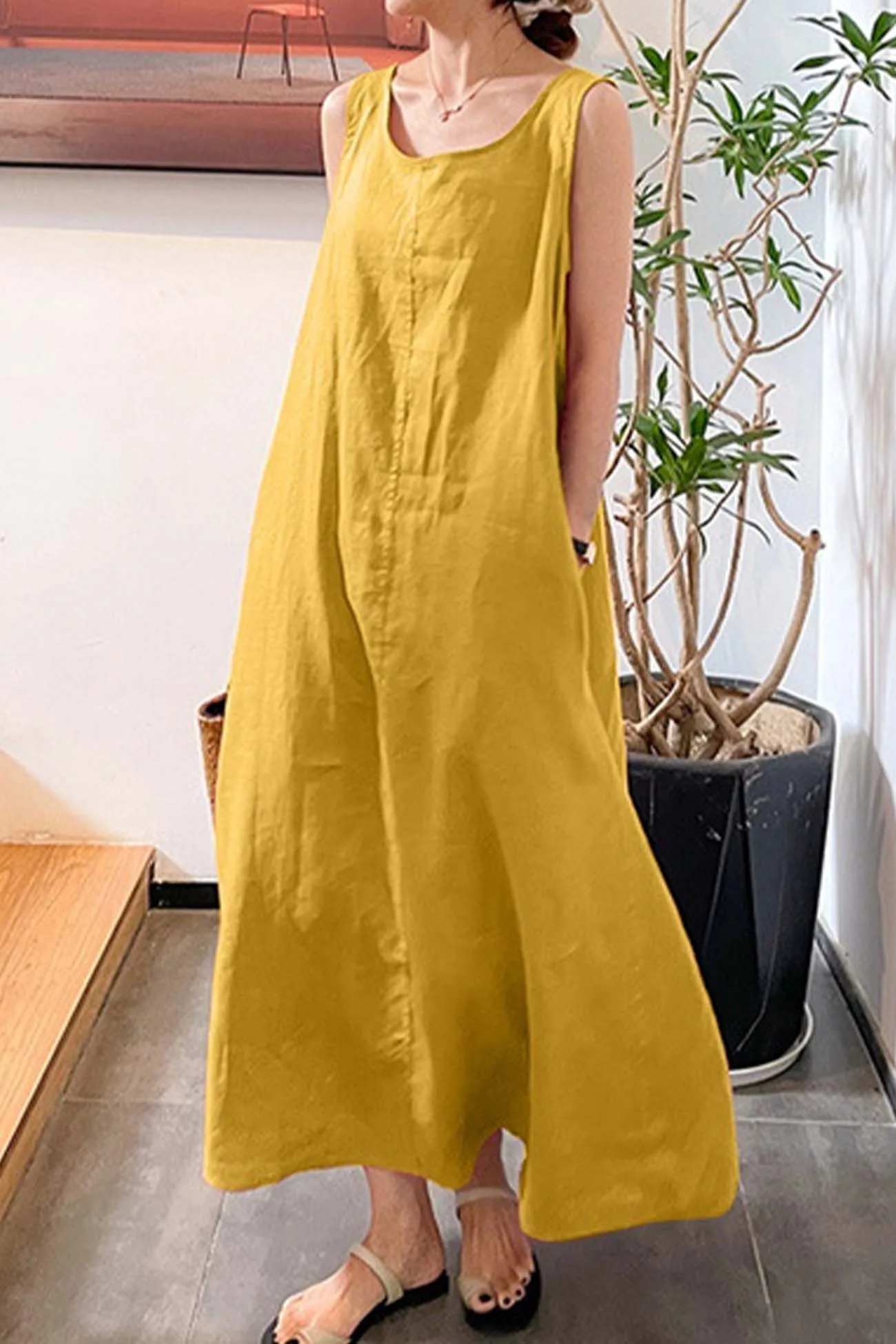 Cotton Round Neck Sleeveless Midi Dress