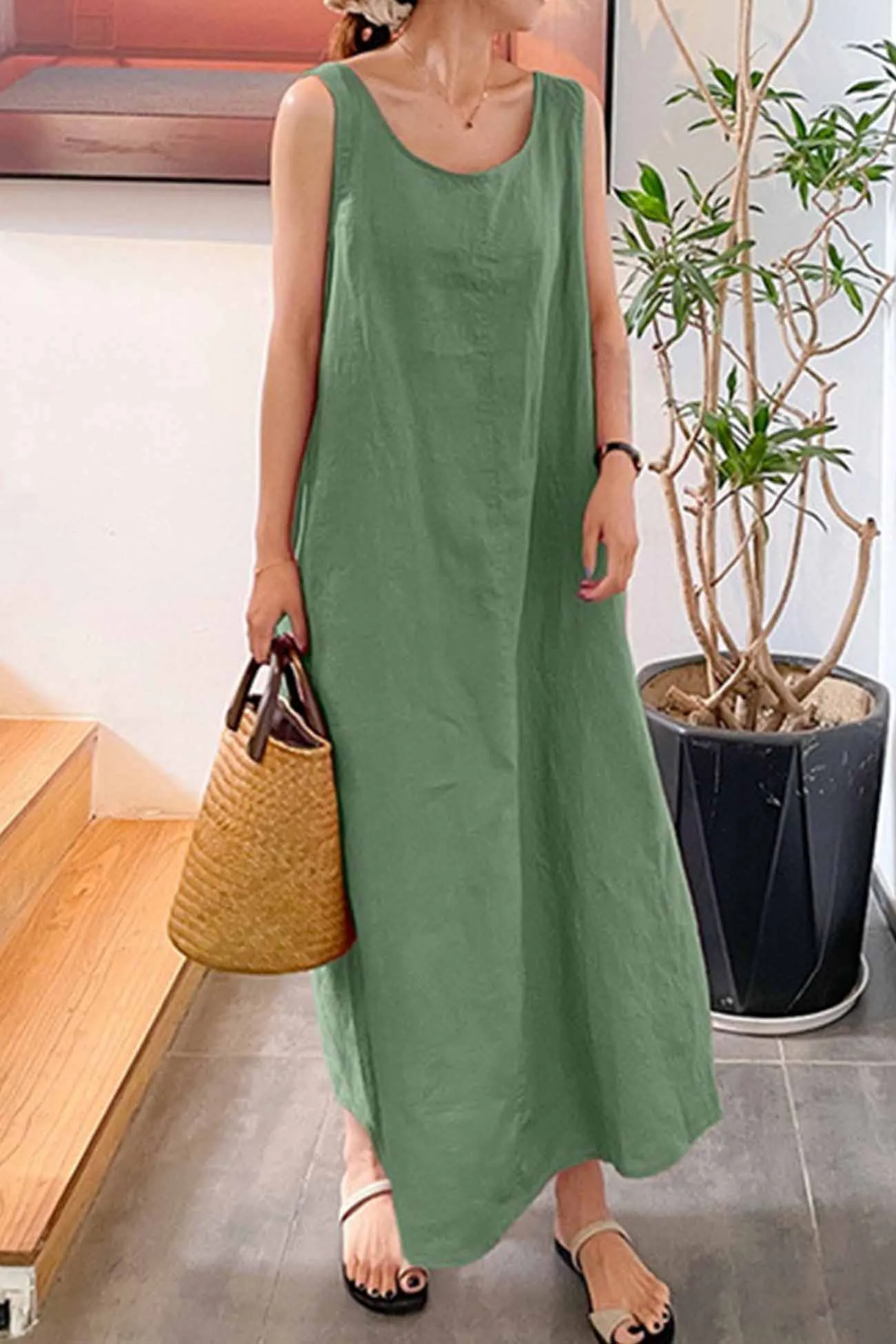 Cotton Round Neck Sleeveless Midi Dress