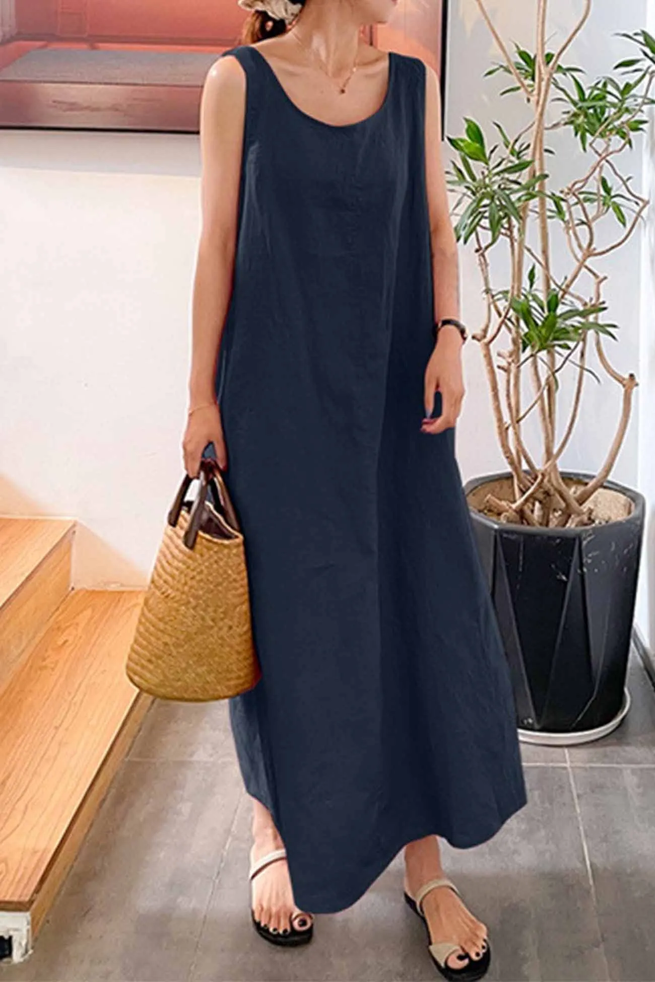 Cotton Round Neck Sleeveless Midi Dress