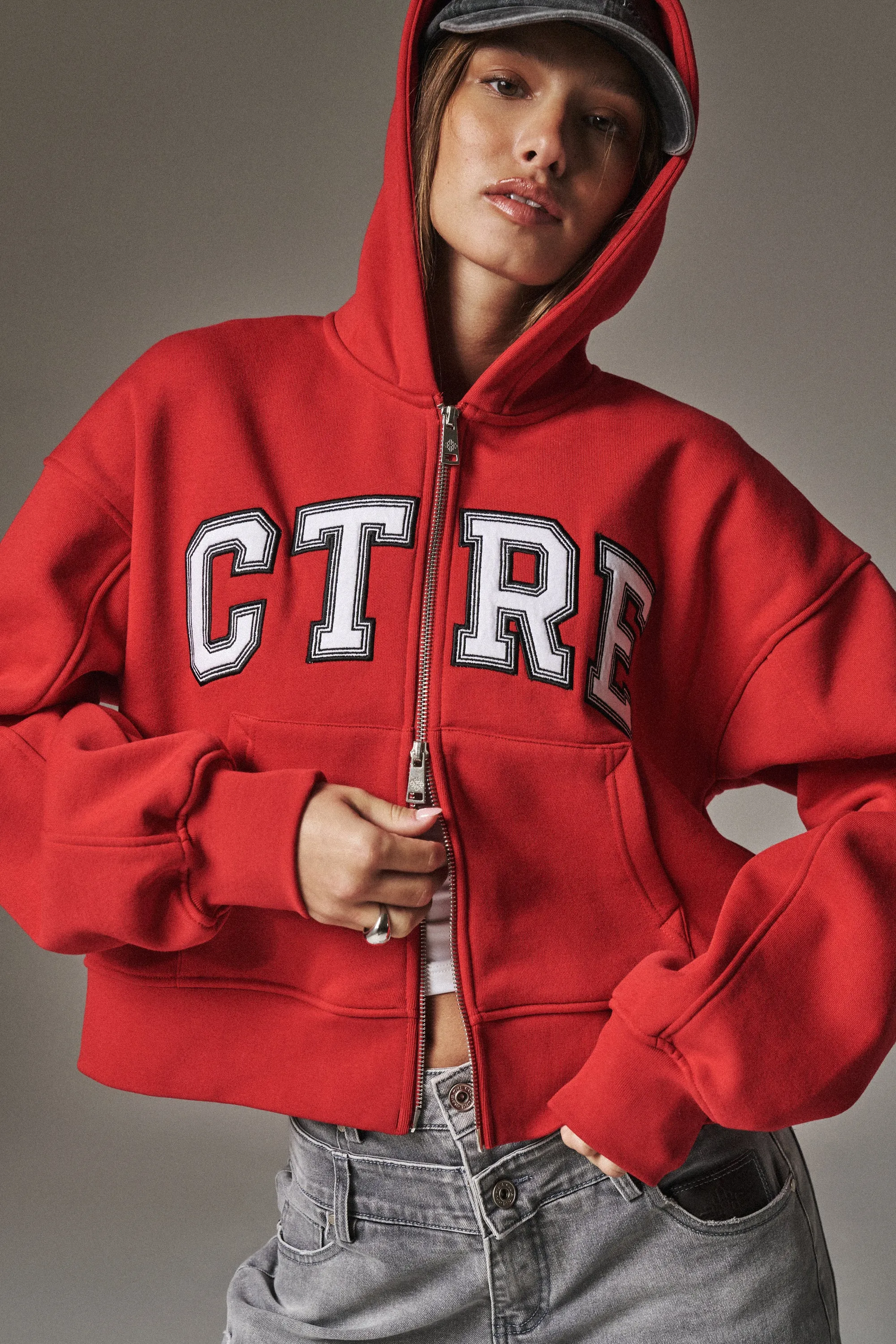 CTRE CROPPED ZIP THROUGH HOODIE - RED