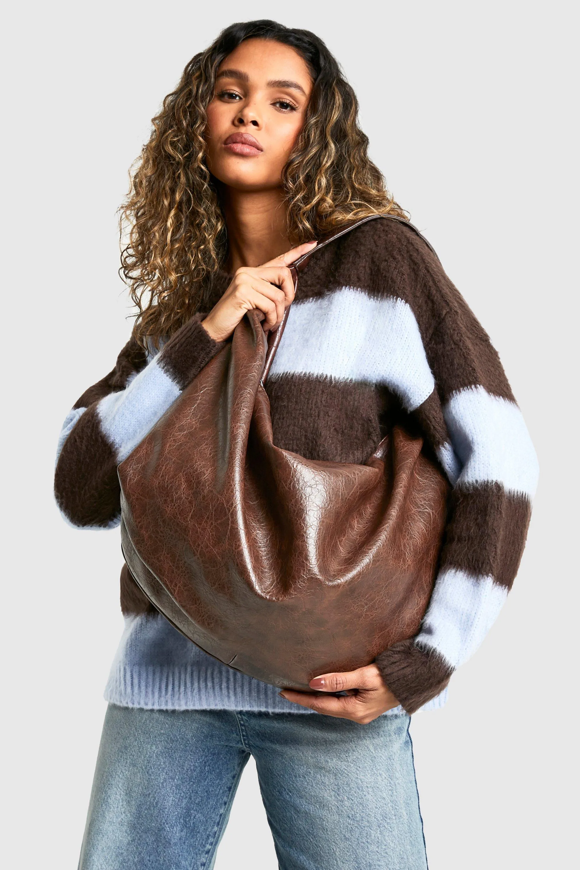 Distressed Faux Leather Slouchy Tote Bag