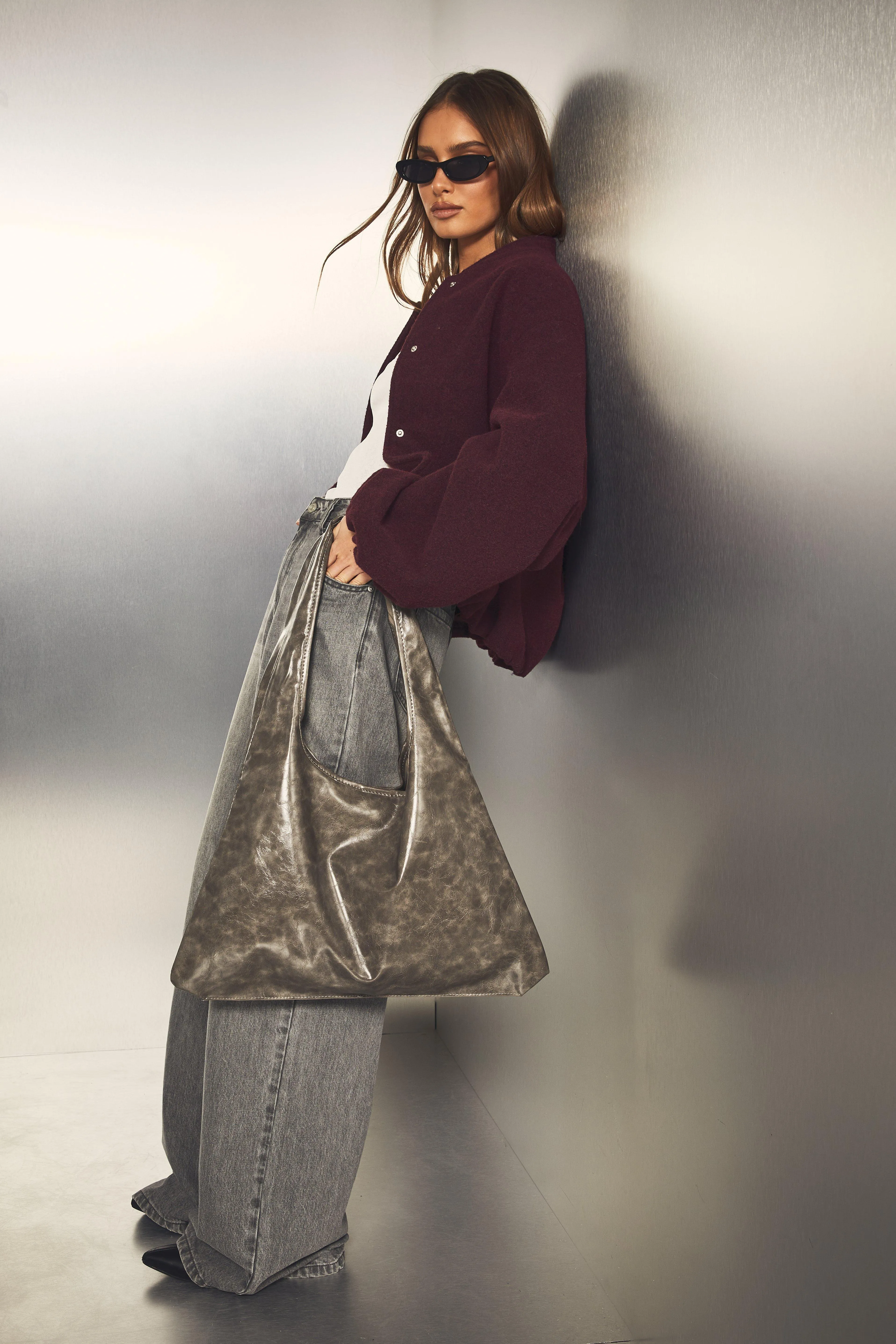 Distressed PU Slouchy Shoulder Tote Bag