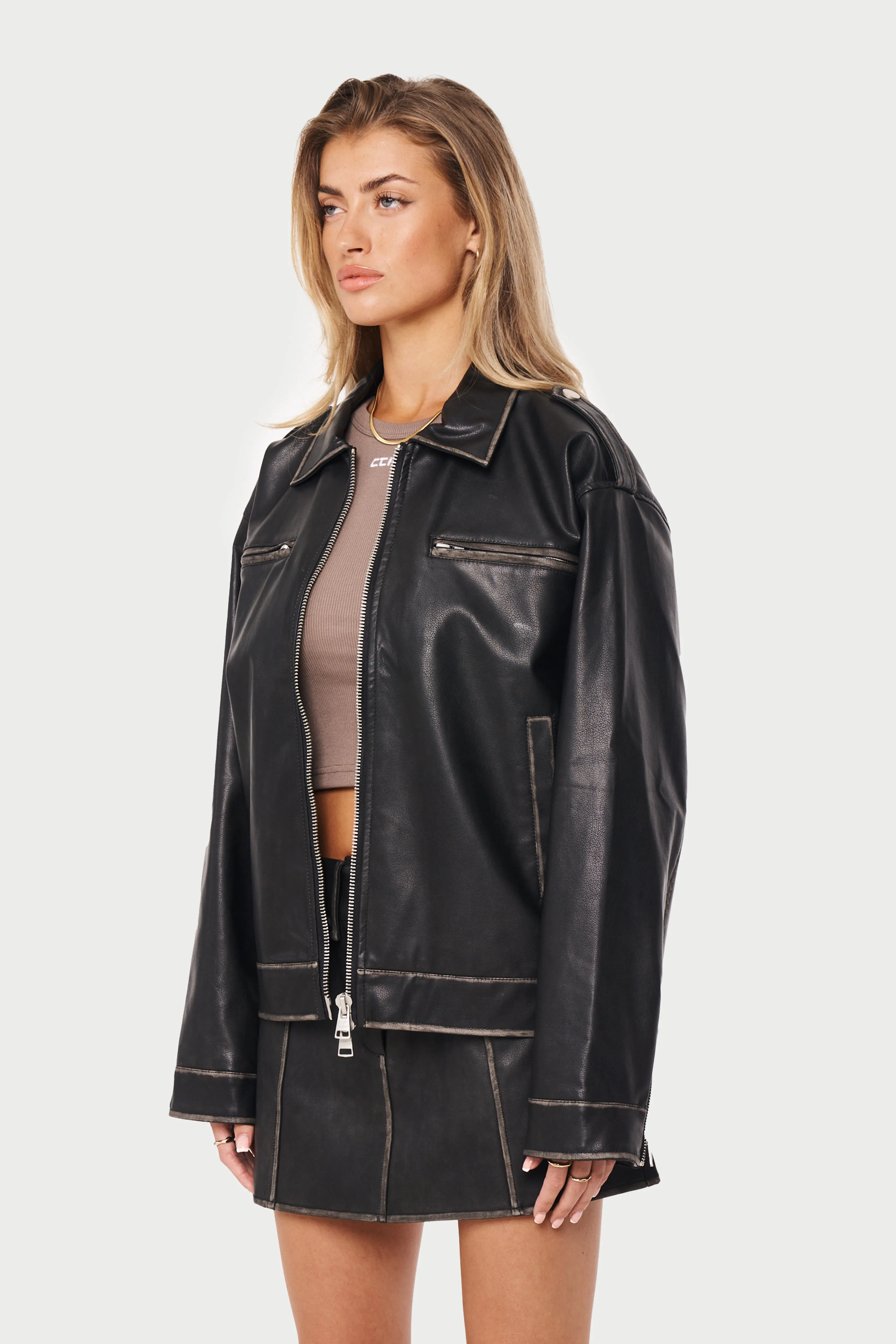 DISTRESSED VINTAGE BIKER JACKET - WASHED BLACK