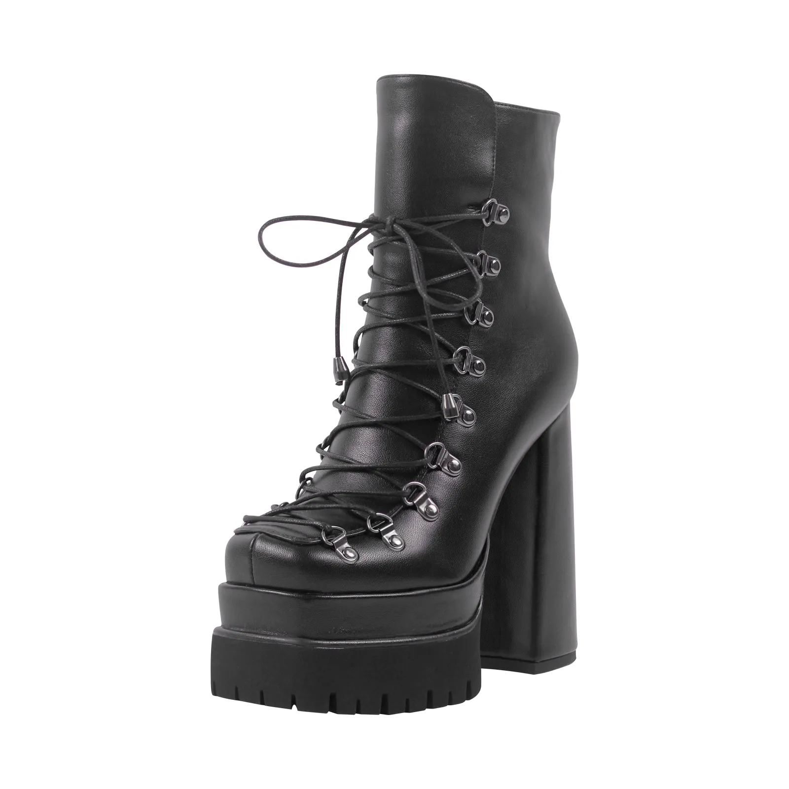 Double Platform Black Ankle Boots Side Zipper Lace-up