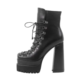 Double Platform Black Ankle Boots Side Zipper Lace-up