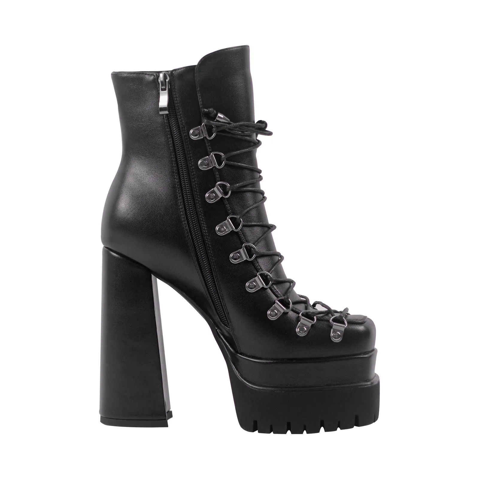 Double Platform Black Ankle Boots Side Zipper Lace-up