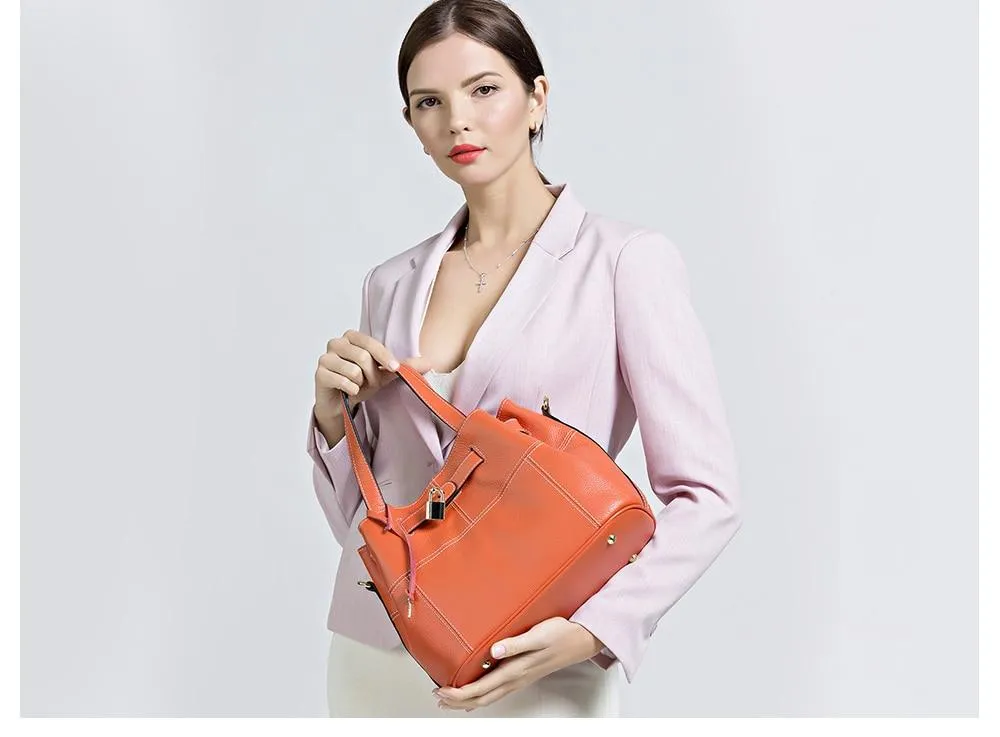 Elegant Cow Leather Women's Shoulder Bag Orange Crossbody Fashion Handbag