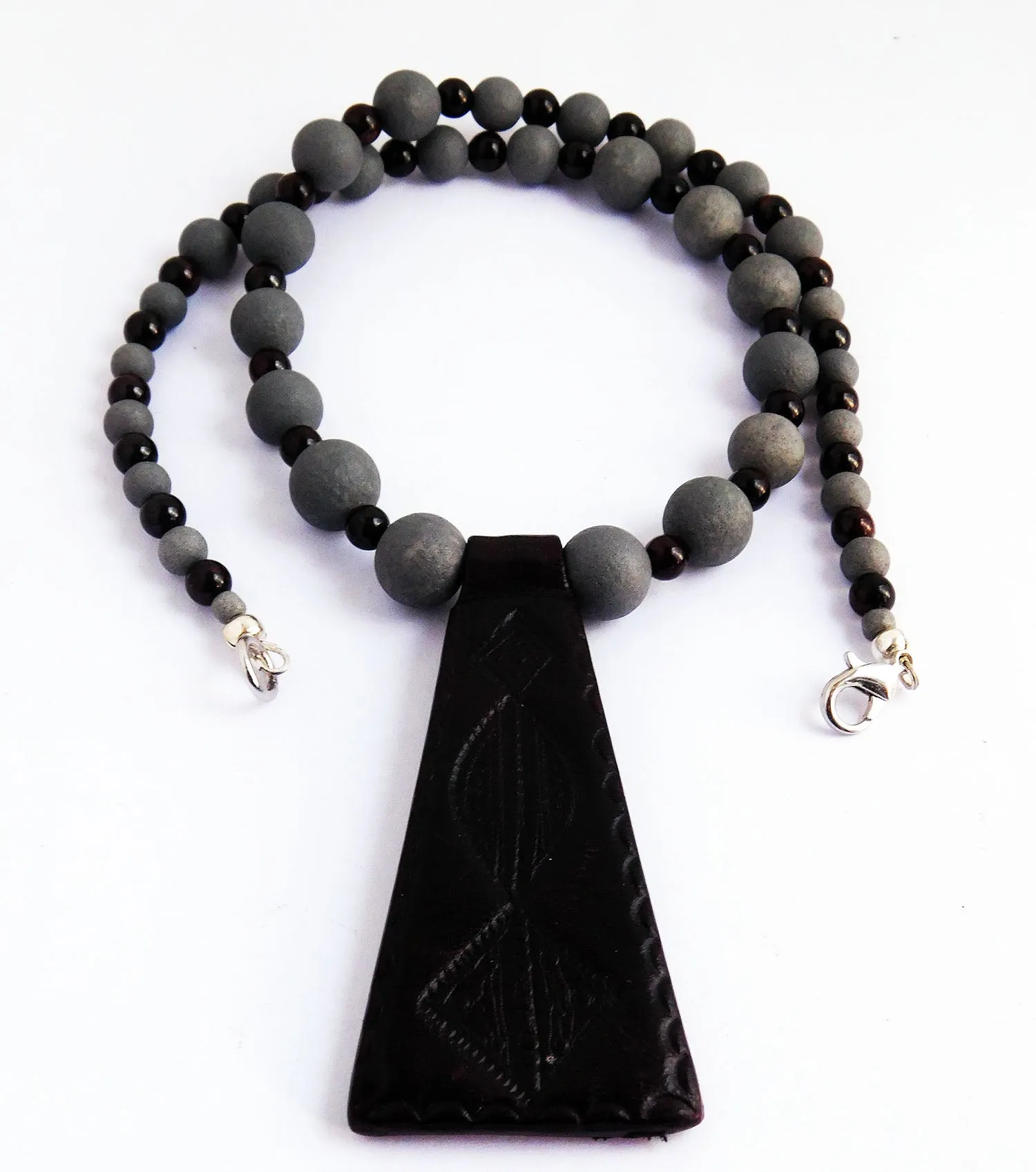 Gray Burgundy Handmade Leather Necklace with Unique Beaded Jewelry