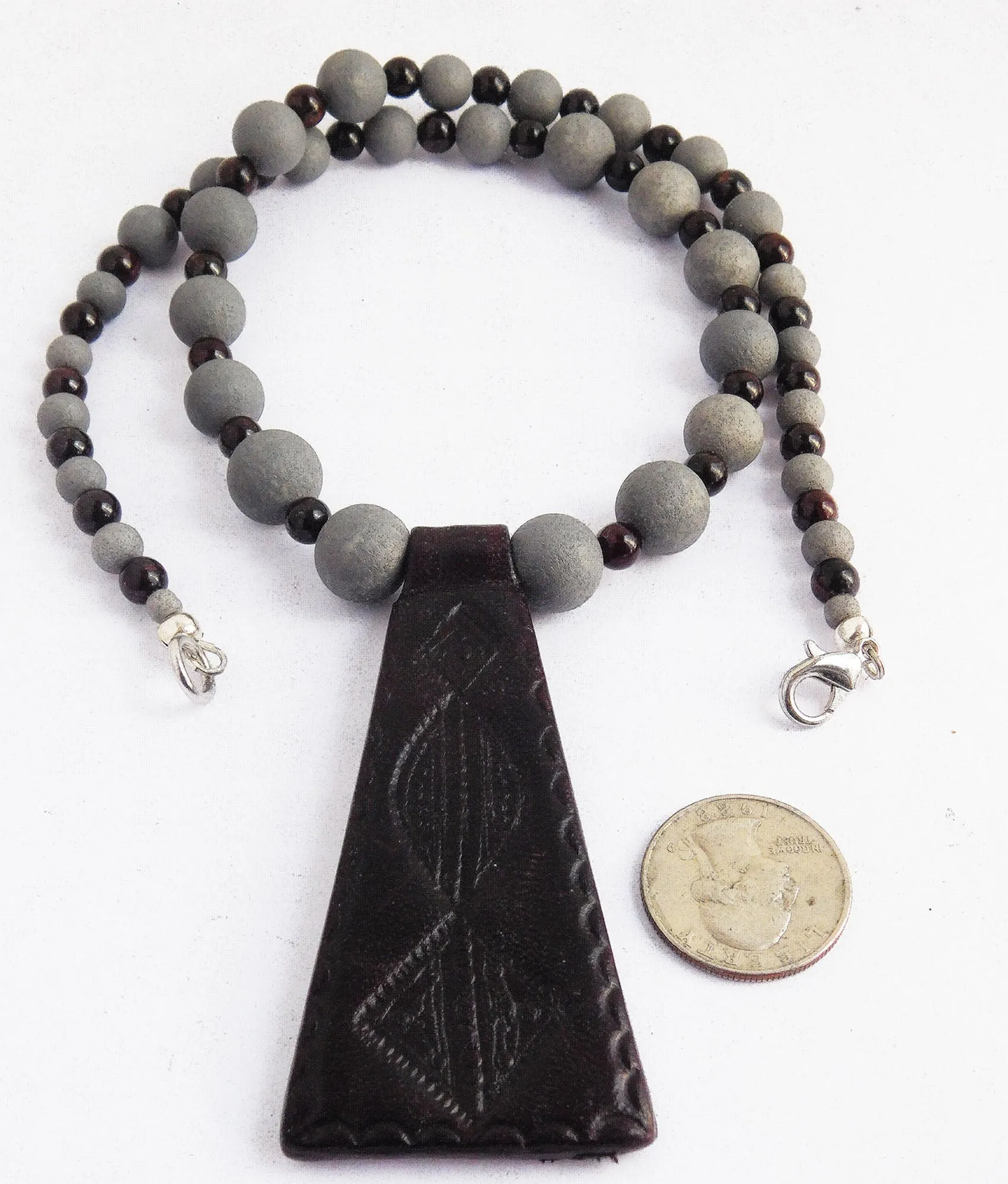 Gray Burgundy Handmade Leather Necklace with Unique Beaded Jewelry