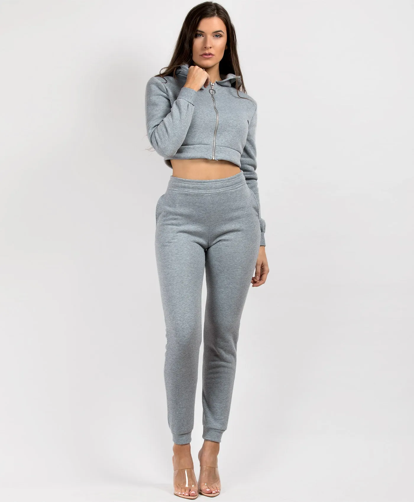 Grey Cropped Hoodie & Joggers Lougewear Set