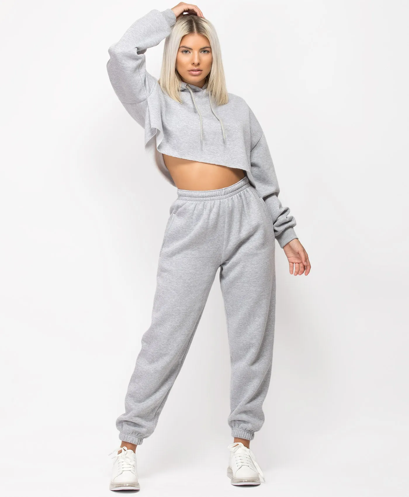 Grey Oversized Cropped Hoodie & Joggers Loungewear Set