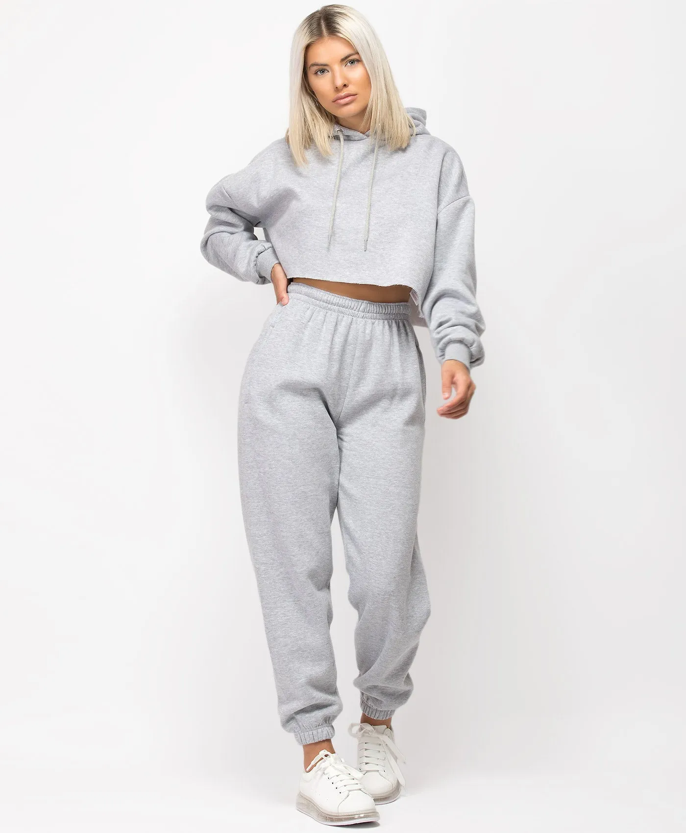 Grey Oversized Cropped Hoodie & Joggers Loungewear Set