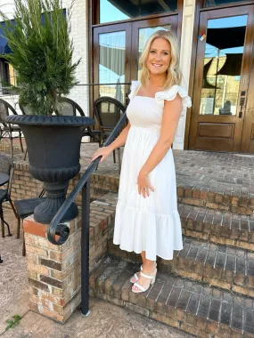 Holy White Linen Ruffle Midi Dress