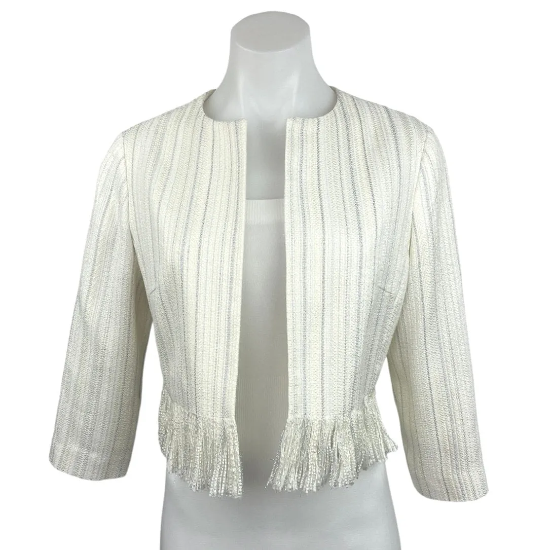 Karl Lagerfeld White Tweed Metallic Striped Fringe Open Front Crop Blazer Size S