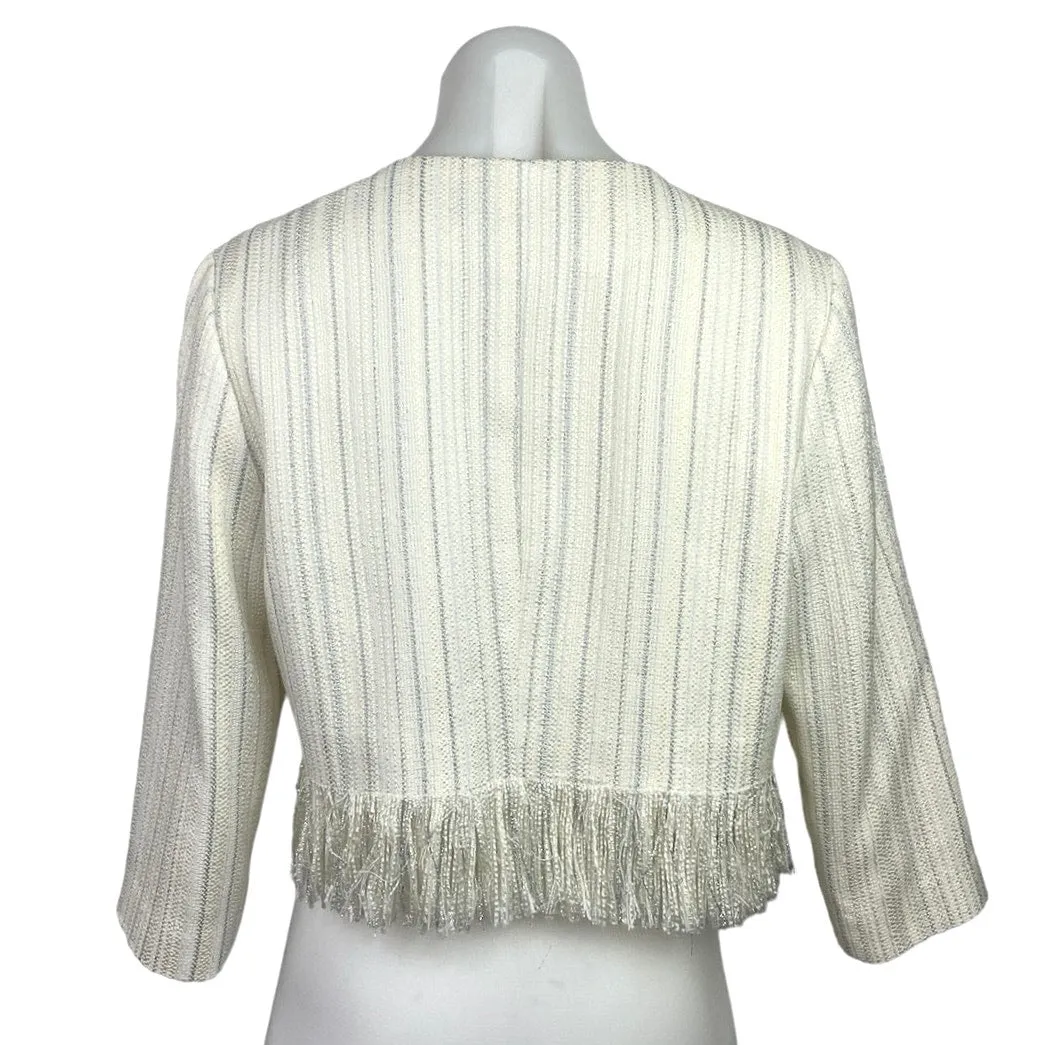 Karl Lagerfeld White Tweed Metallic Striped Fringe Open Front Crop Blazer Size S