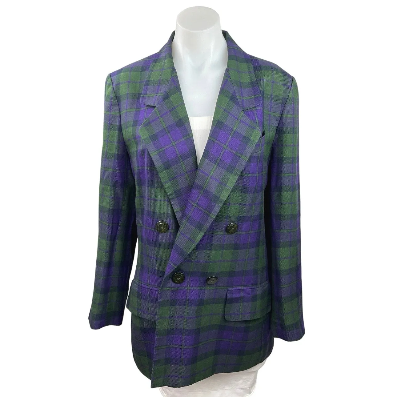 Kasper ASL Blue Green Plaid Double Breasted Long Sleeve Pockets Coat Blazer Sz M