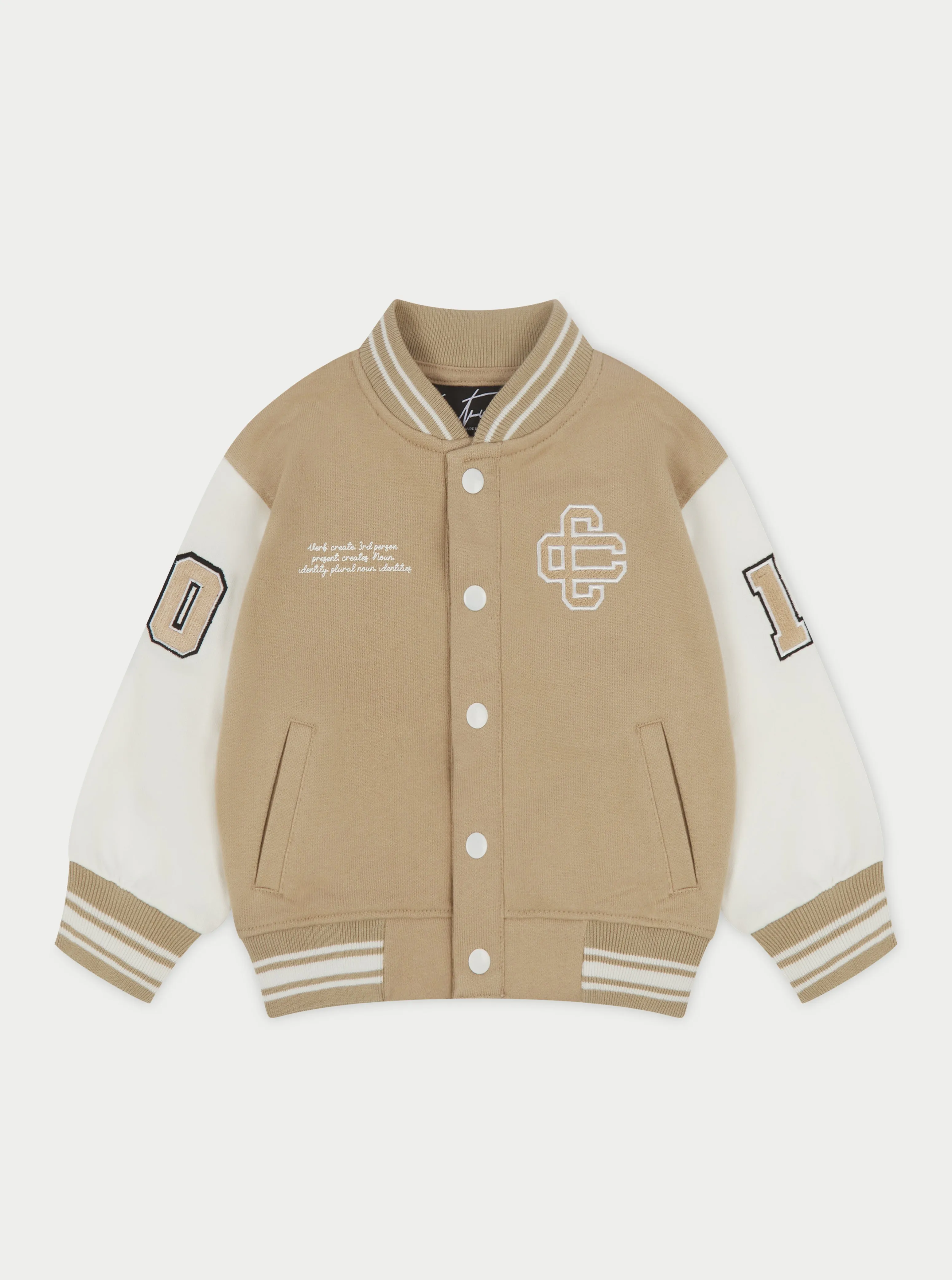 KIDS EMBLEM VARSITY BOMBER JACKET - BEIGE