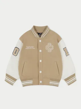 KIDS EMBLEM VARSITY BOMBER JACKET - BEIGE