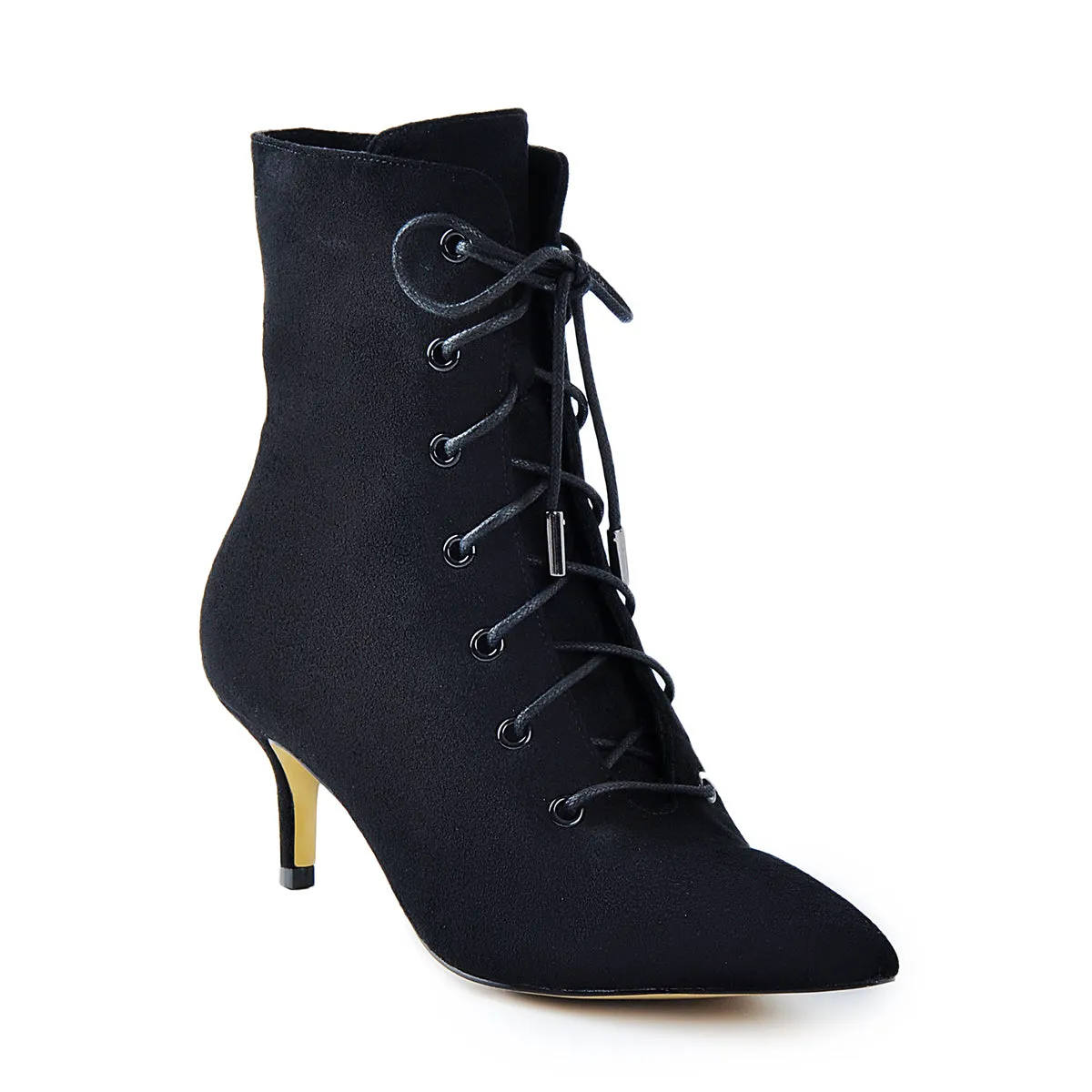 Lace-Up Ankle Boots with Kitten Heel and Pointed Toe