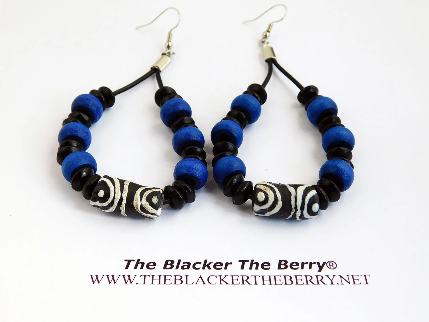 Leather Earrings - African Beaded - Blue - Black - Jewelry