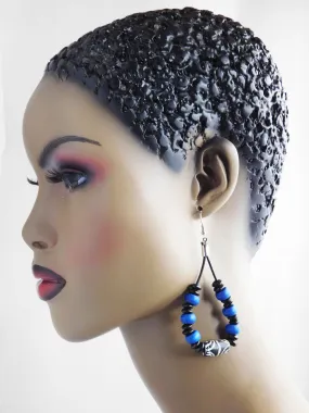 Leather Earrings - African Beaded - Blue - Black - Jewelry