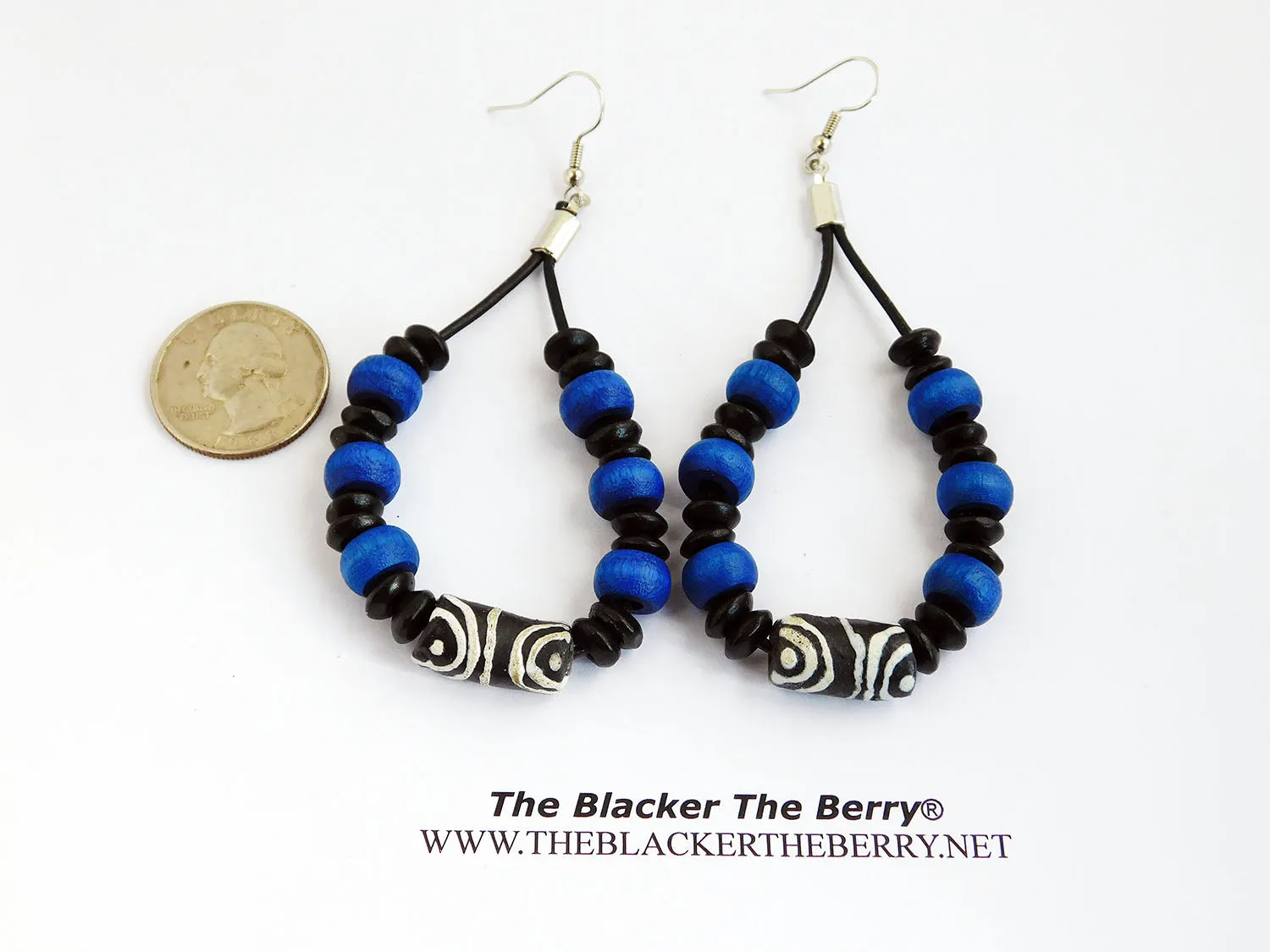 Leather Earrings - African Beaded - Blue - Black - Jewelry